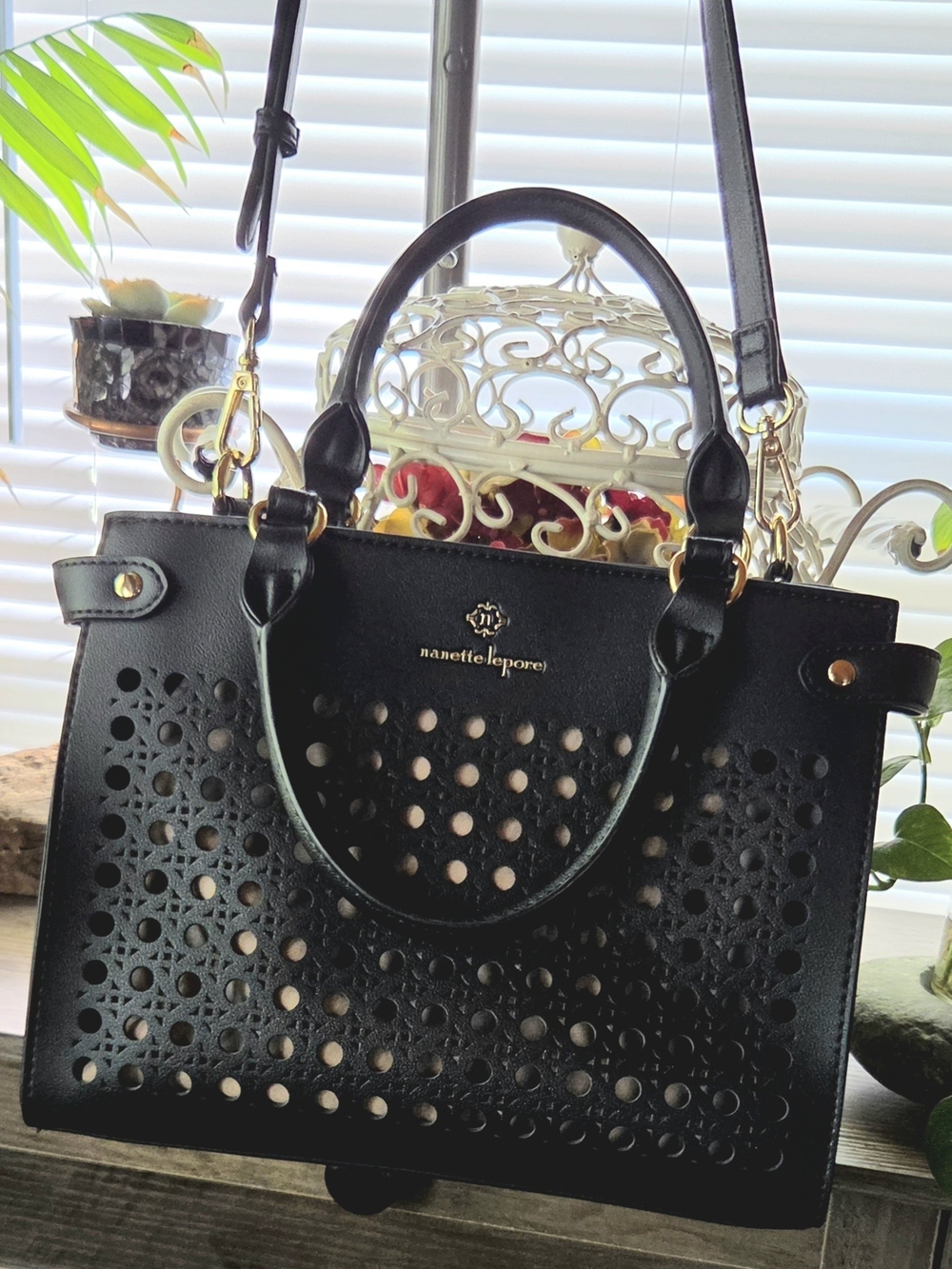 NWOT Nanette Lepore Black Crossbody Satchel Purse Multi-Pocket Vegan Leather